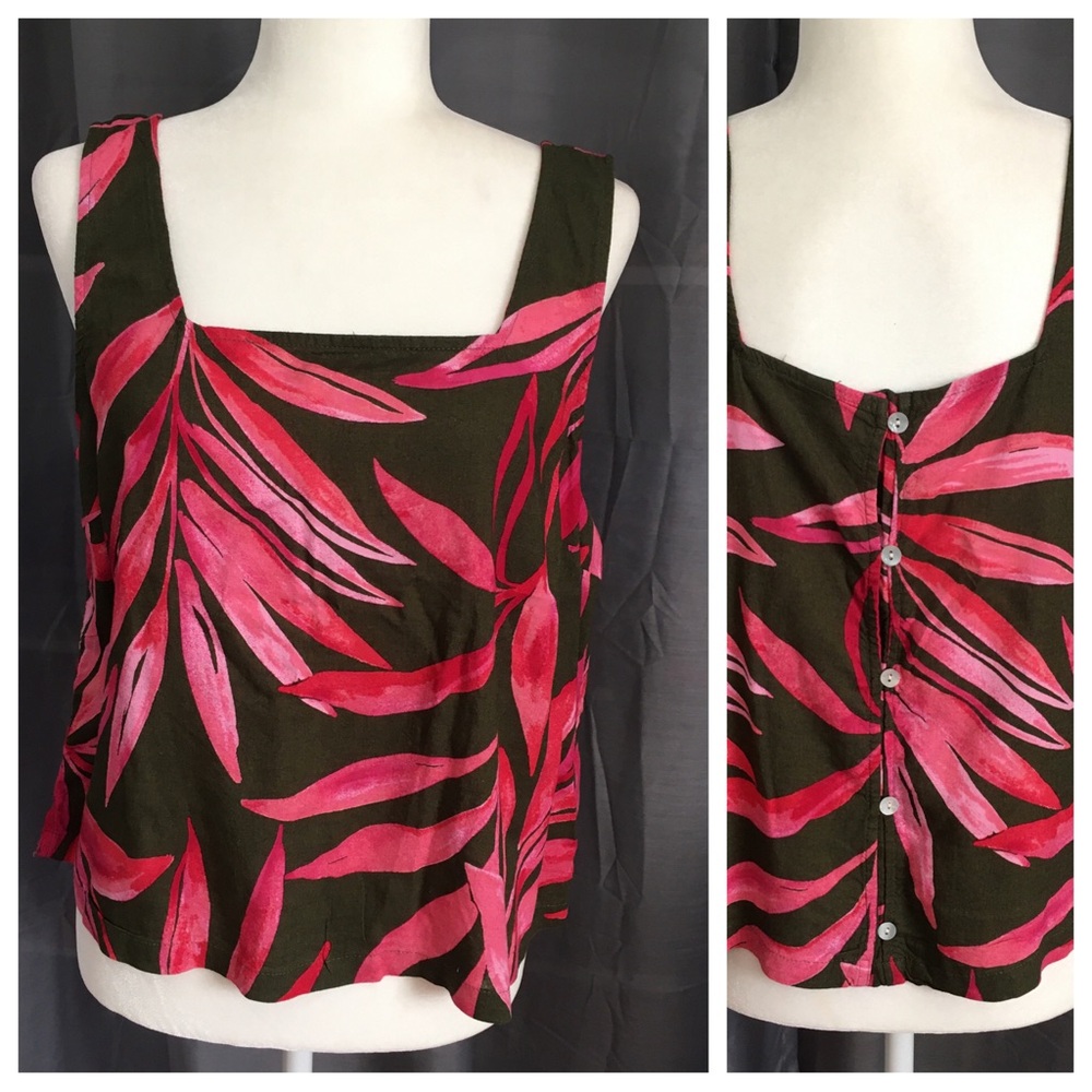 NWT Time and Tru Linen Blend Tropical Button Back Sleeveless Top LARGE (12-14)